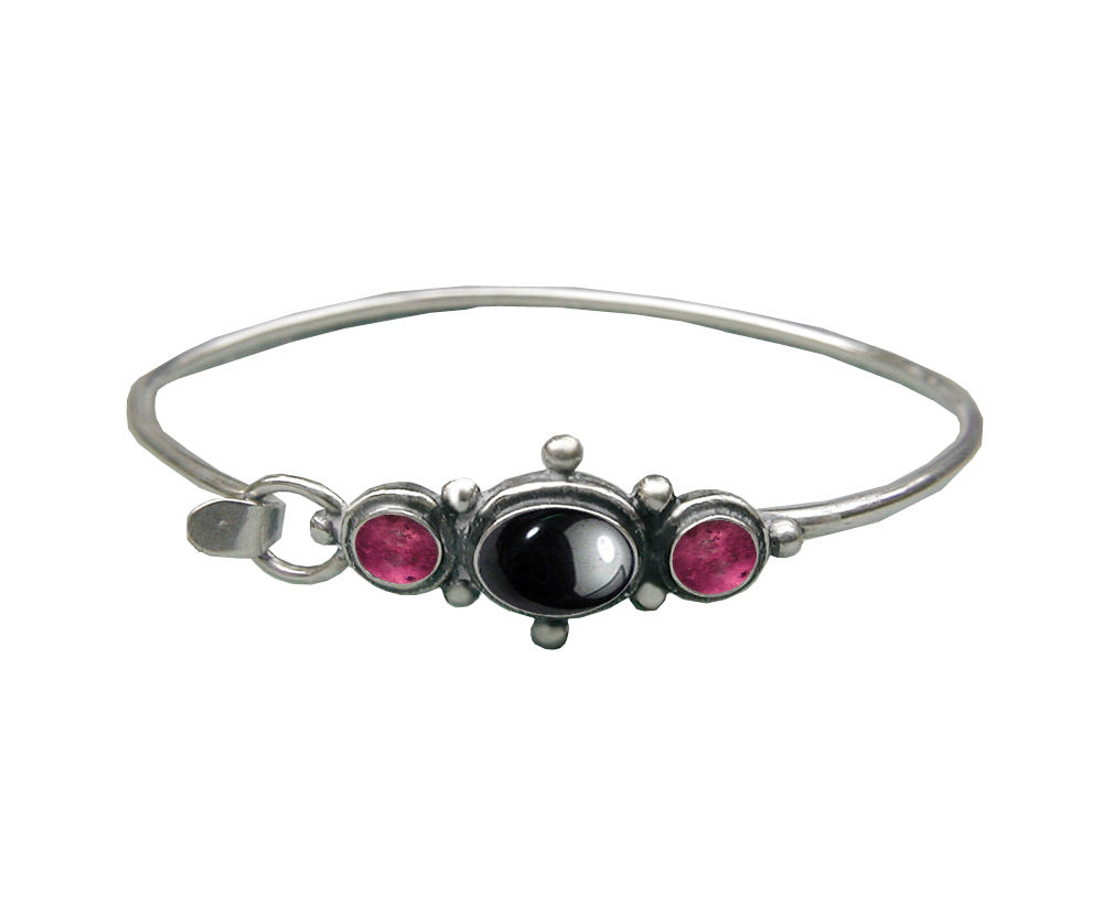 Sterling Silver Strap Latch Spring Hook Bangle Bracelet Hematite And Pink Tourmaline